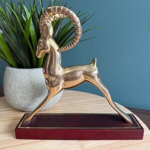 Vintage Brass Ibex Ram Hollywood Regency MCM Desk Decor Inlaid Wood Base